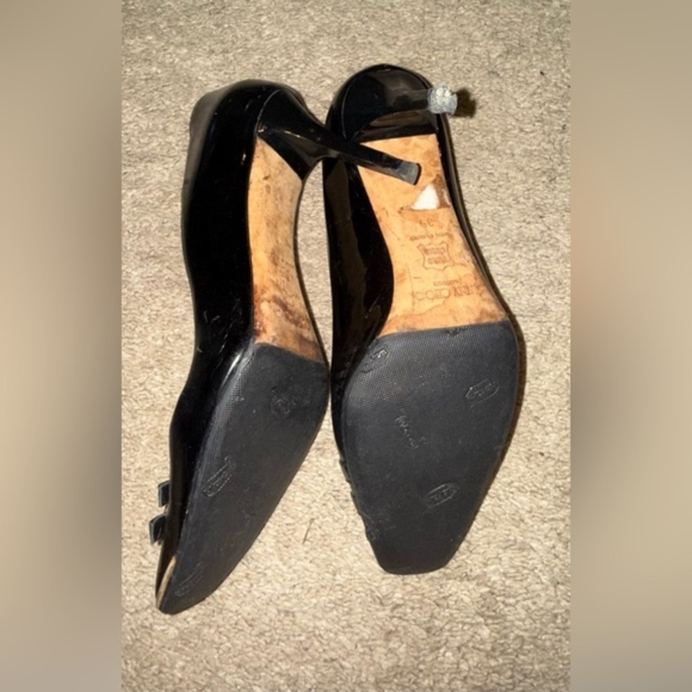 Jimmy Choo Black Gold Patent Leather Double Buckle & Toe Plate Detail Pumps - Picture 3 of 4